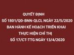 QUYẾT ĐỊNH SỐ 1801/QĐ-BNN-QLCL NGÀY 22/5/2020 BAN HÀNH KẾ HOẠCH TRIỂN KHAI THỰC HIỆN CHỈ THỊ SỐ 17/CT-TTG NGÀY 13/4/2020 VỀ VIỆC